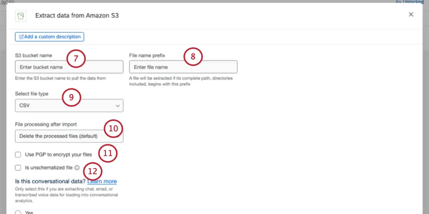 image of modal that opens where you configure your S3 extraction 