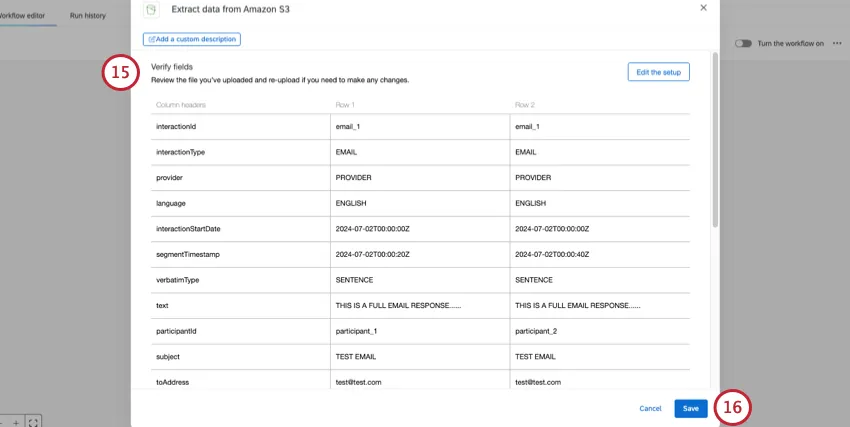 window that previews the columns of data before you finish workflow setup