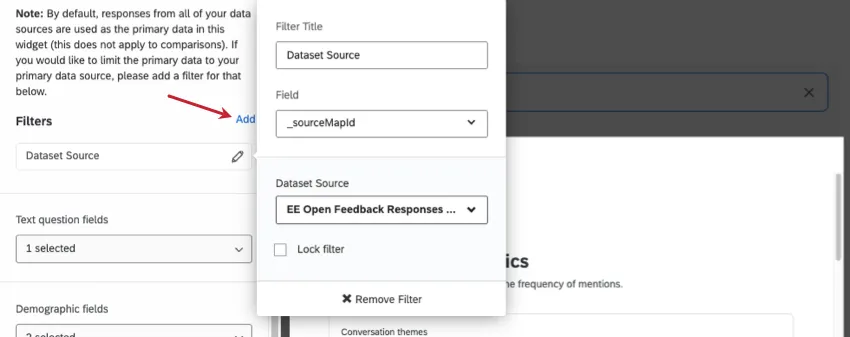 editing pane shows the same warning as well as a dataset source filter