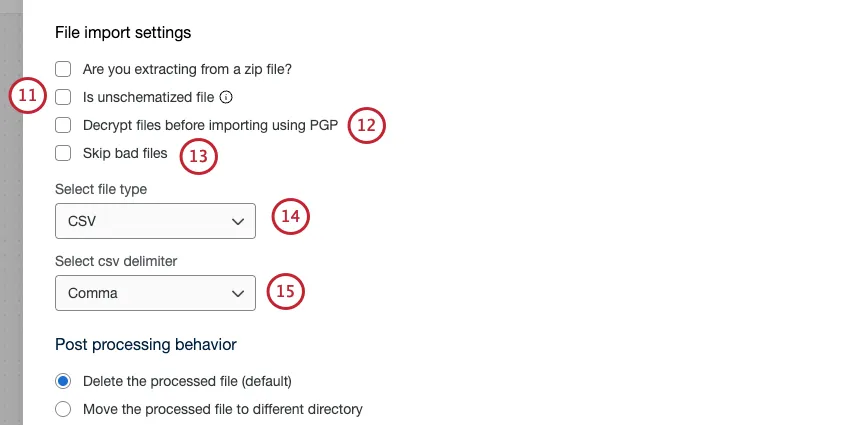 setting up an SFTP task, particularly file import settings, file type, and delimiter