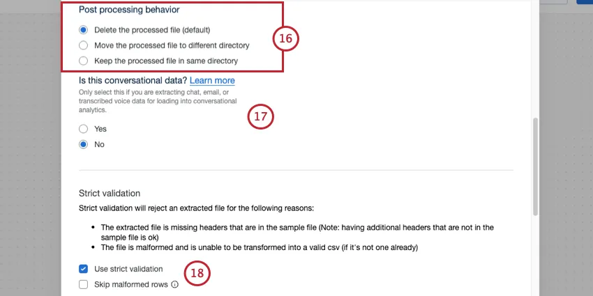 post processing behavior, conversational data, and validation settings
