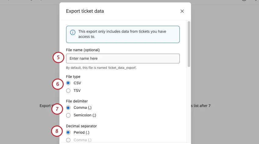 export ticket data modal shows name, file type, delimiter, and decimal separator options