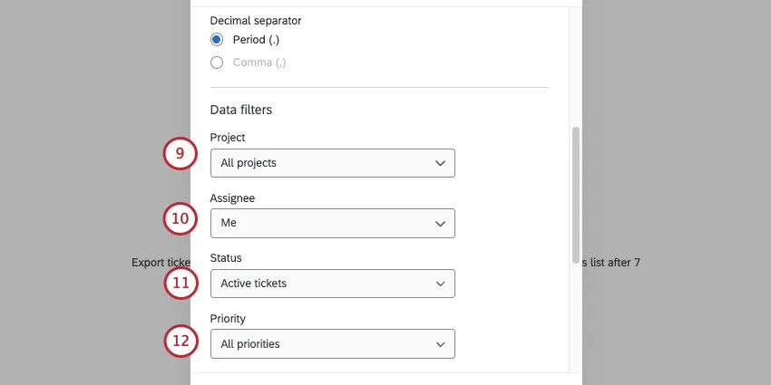 data filters in the ticket export modal, including project, assignee, status, and priority