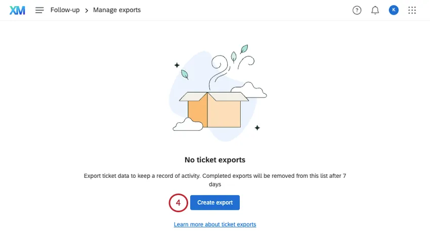 splash page showing there is no export history, with a button to export tickets