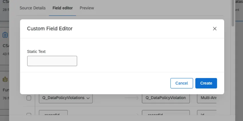 new modal that opens with a place to enter static text