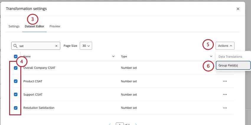 new modal opens called transformation settings where you can select fields