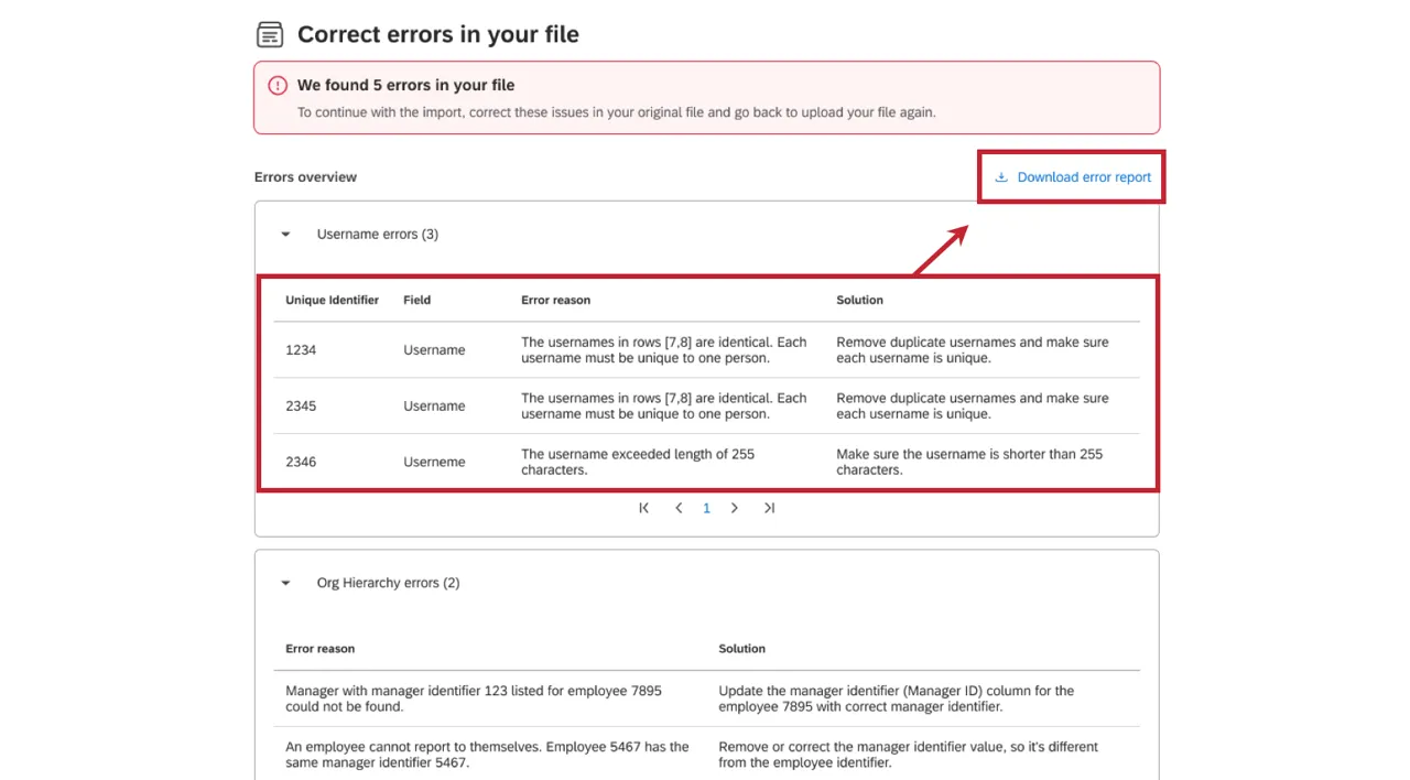 viewing errors and downloading the error file