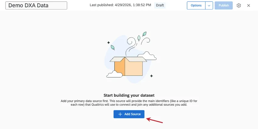 add source button on a splash page when you first make an empty data model