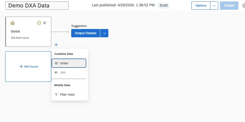 data modeler shows options to add other nodes such as unions, joins, or outputs