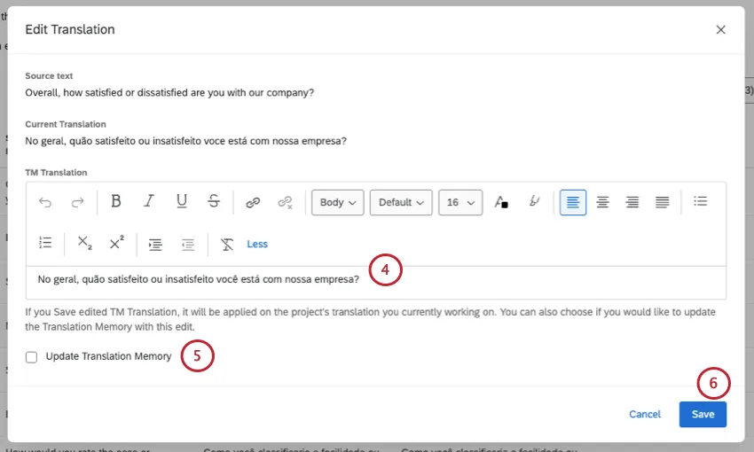 rich text editor where you enter the translation