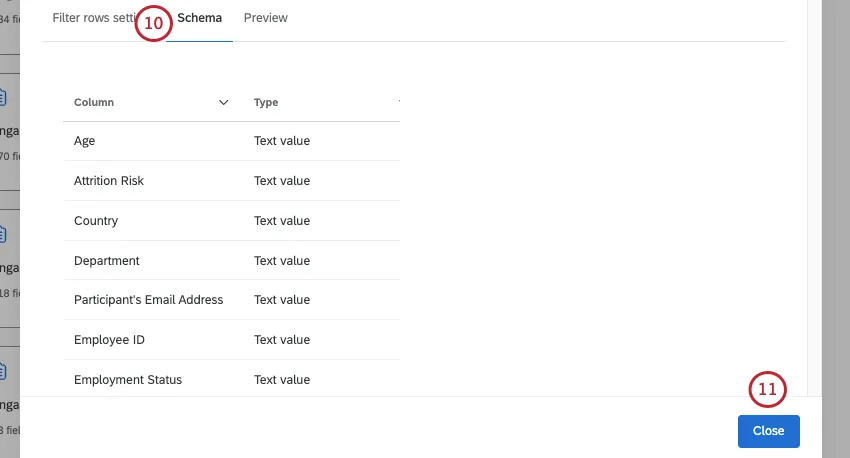 schema tab and close button in the bottom right of the modal