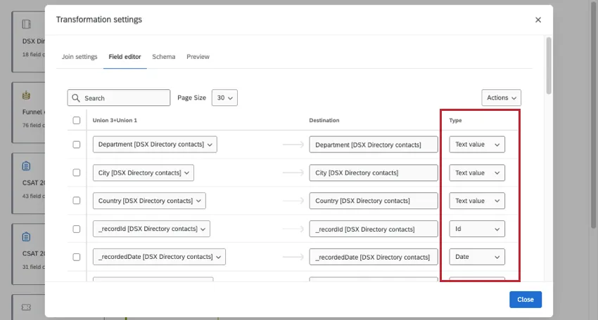 image of transformation settings modal that opens in the data model editor. the type column is highlighted 