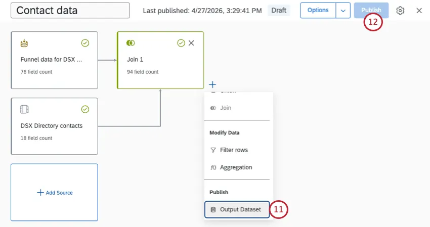 output dataset highlighted in data modeler menu
