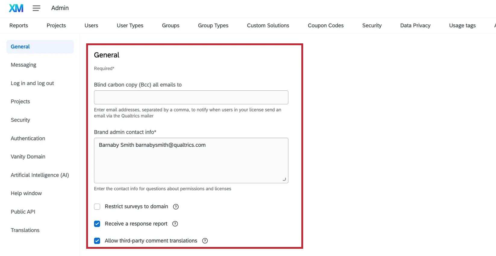 the general section of organization settings