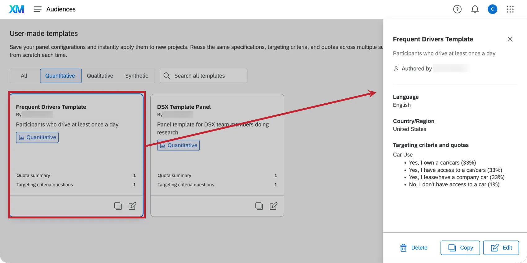 clicking a template to manage it