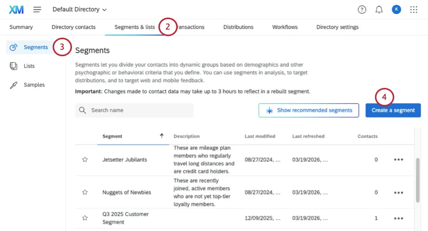 landing page of segments tab shows lists of segments and a button to make more