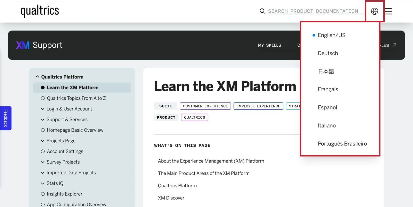 clicking the globe in the top right corner to switch between site languages