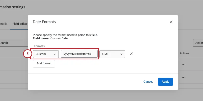 new modal with custom selected for date format