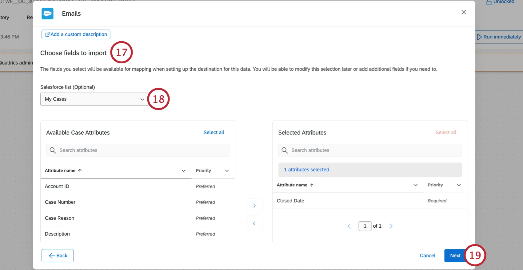 selecting case fields to import