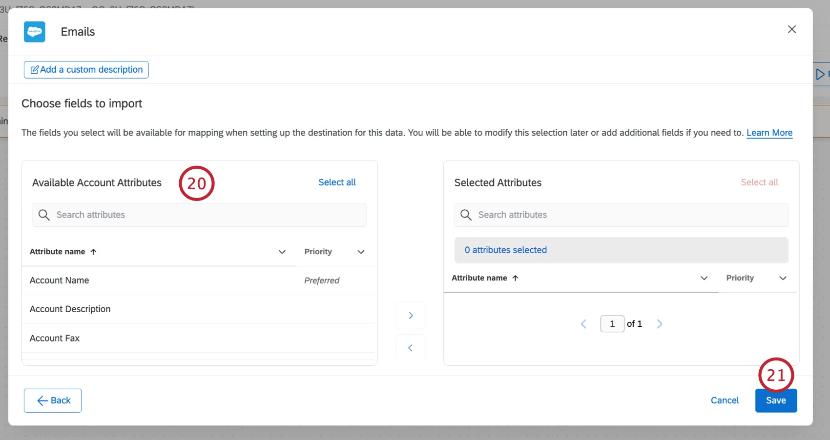 choosing account fields to import