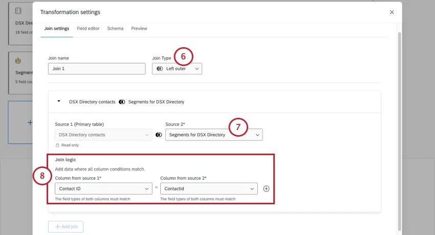 new transformation modal opens where the type of join and its logic are set