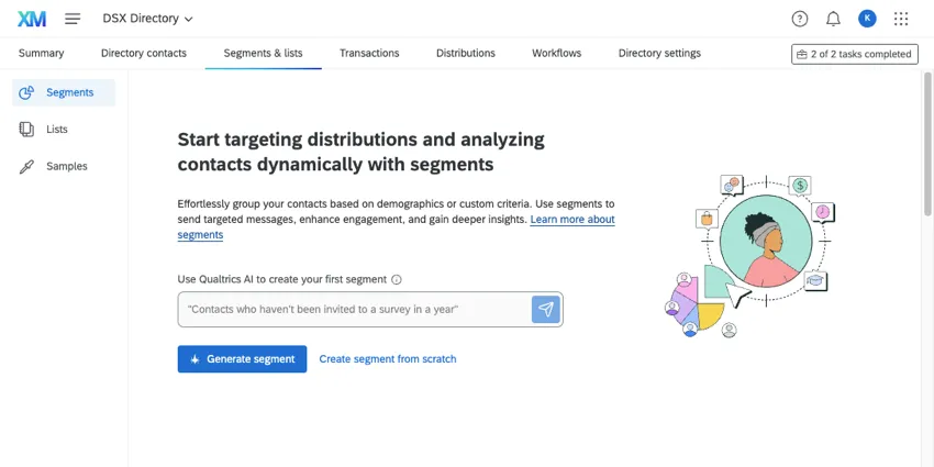a helpful splash page that appears when there are no segments created yet, encouraging AI segment creation