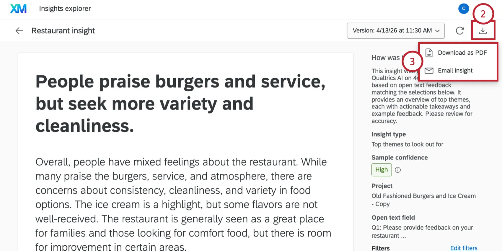 clicking export on an insight and choosing the export method