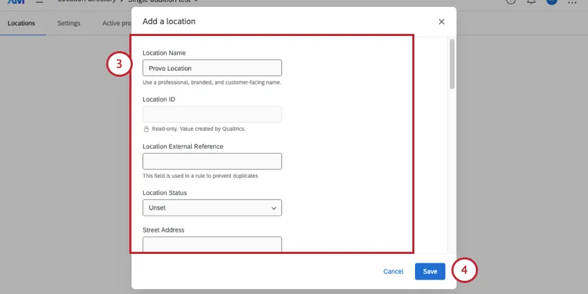 new modal opens where you can fill in info about a location such as name and street address and status
