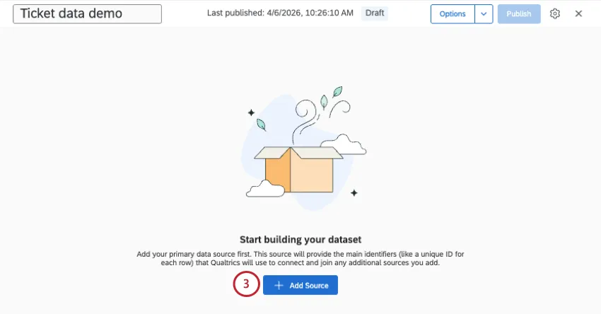 splash page that introduces the data modeler and has a button in the center to add a source