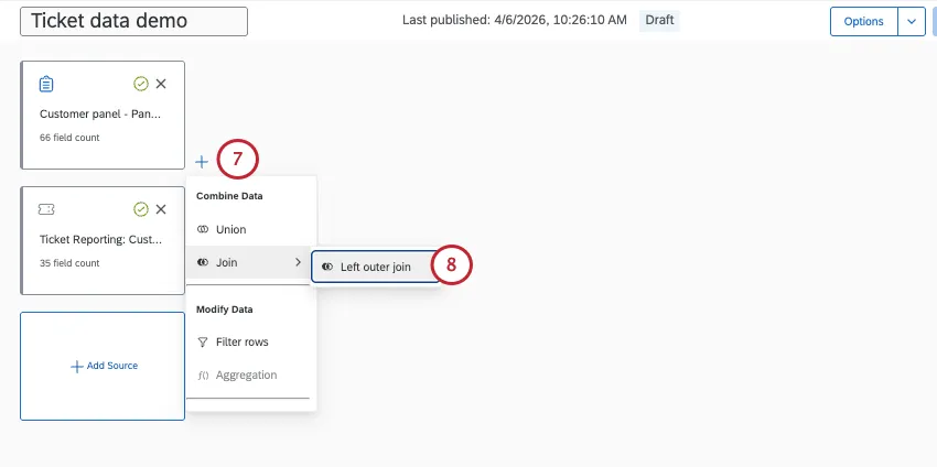 data modeler main page. plus sign shows the option to add a join
