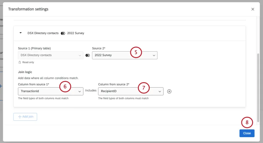 transformation settings modal where you set up the join