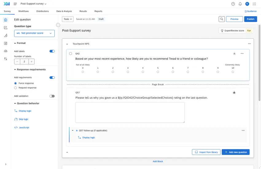 survey builder showing an NPS question abd a text entry question that has adaptive follow up enabled