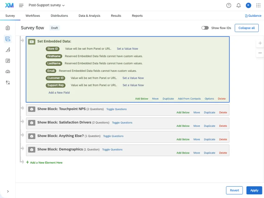 embedded data element appears in green at the top of the survey flow