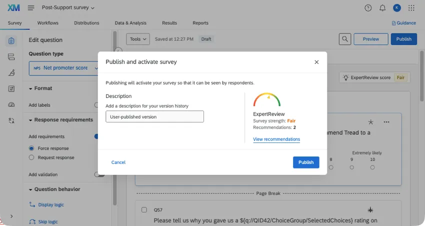 publish modal in a survey