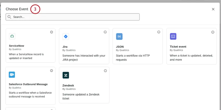 modal where you can select from the list of events described