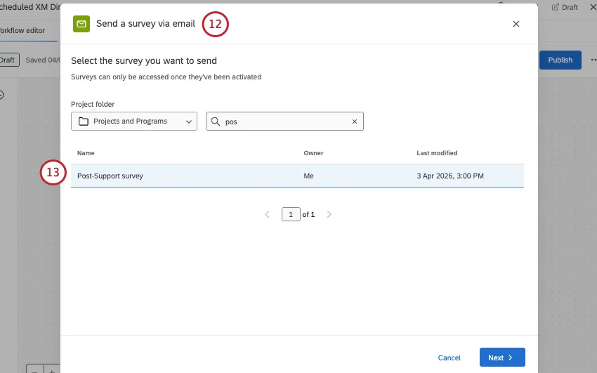 choosing the survey to send in the task