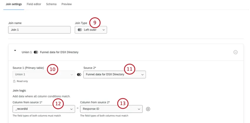 modal where you configure the first join, between union 1 and the funnel data