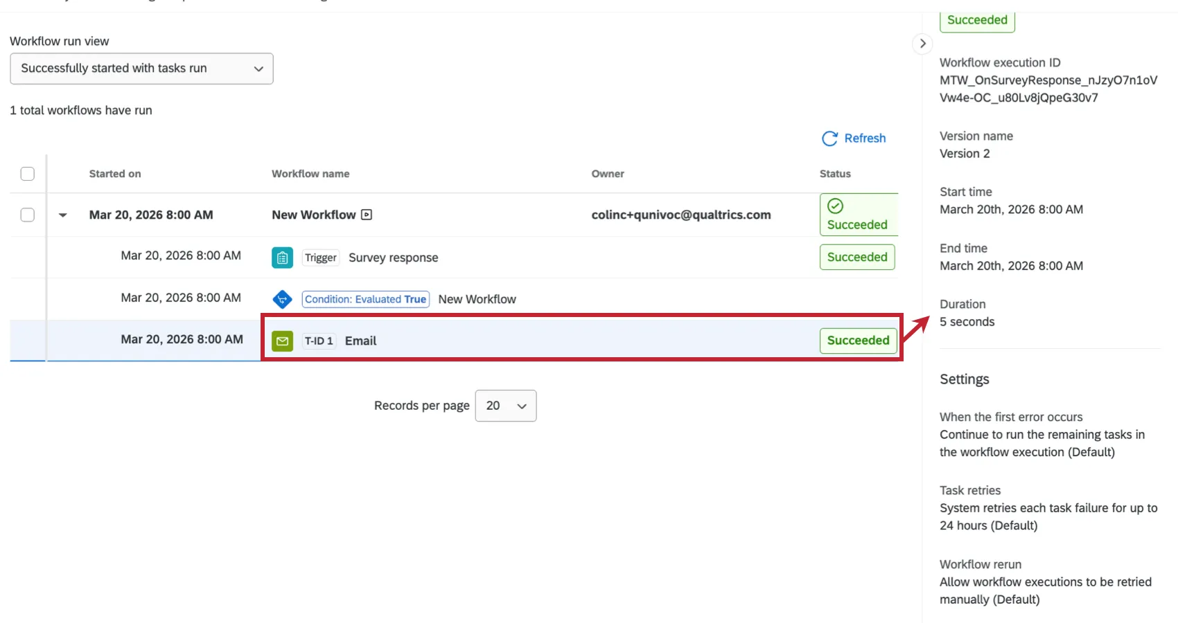 viewing a successfully triggered workflow task