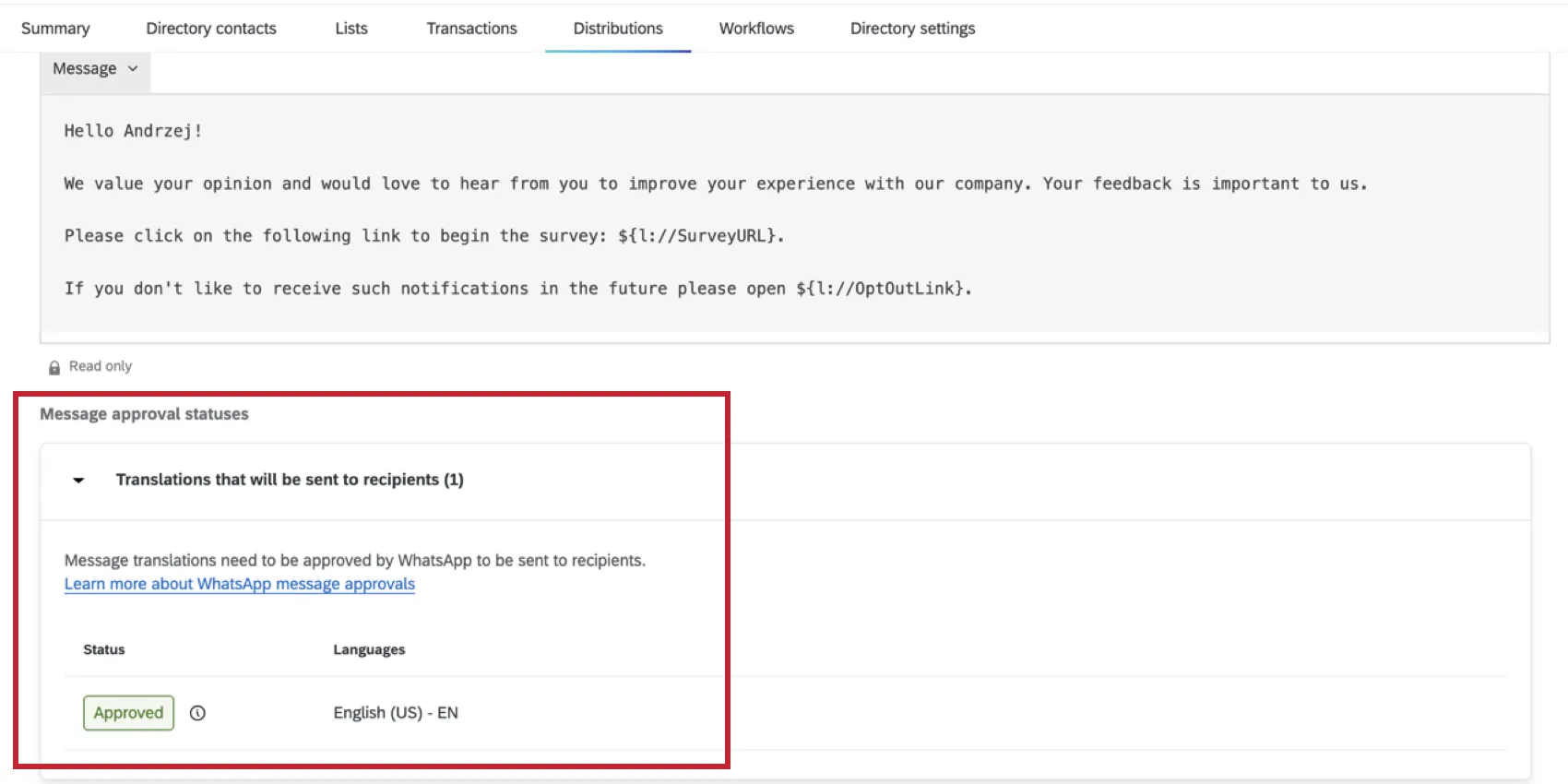 viewing the template translation statuses under the message