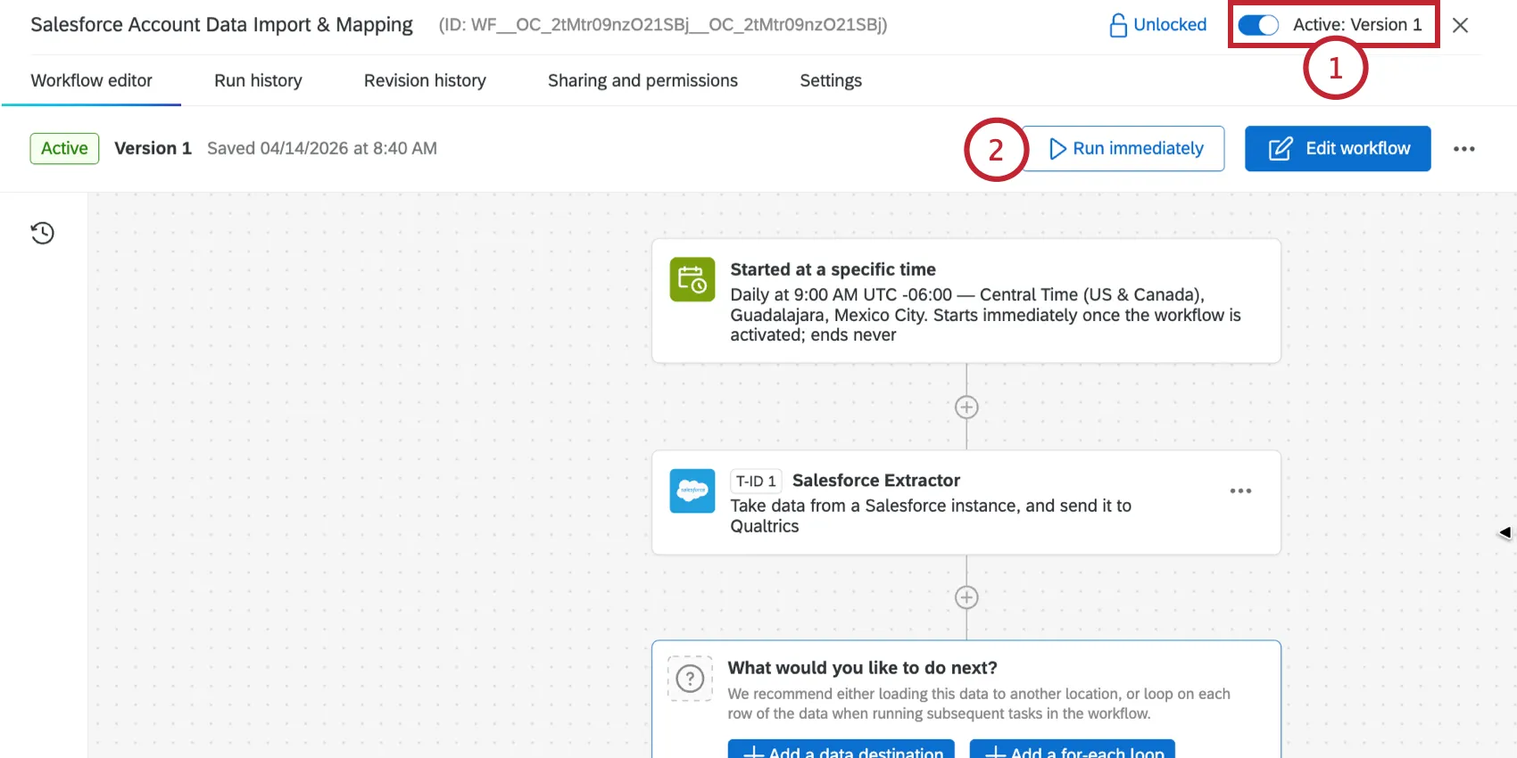 clicking "run immediately" on an active workflow