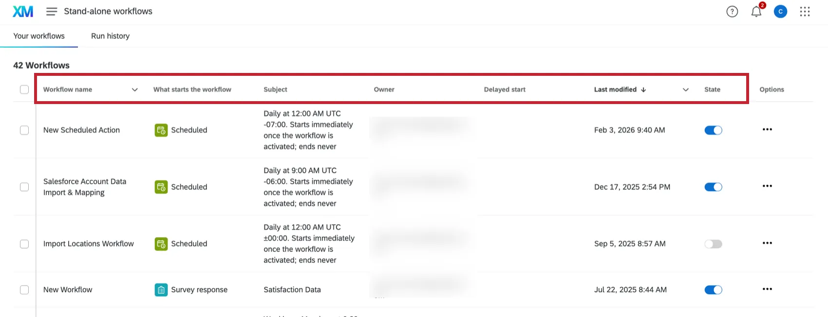 the workflow table showing workflow fields