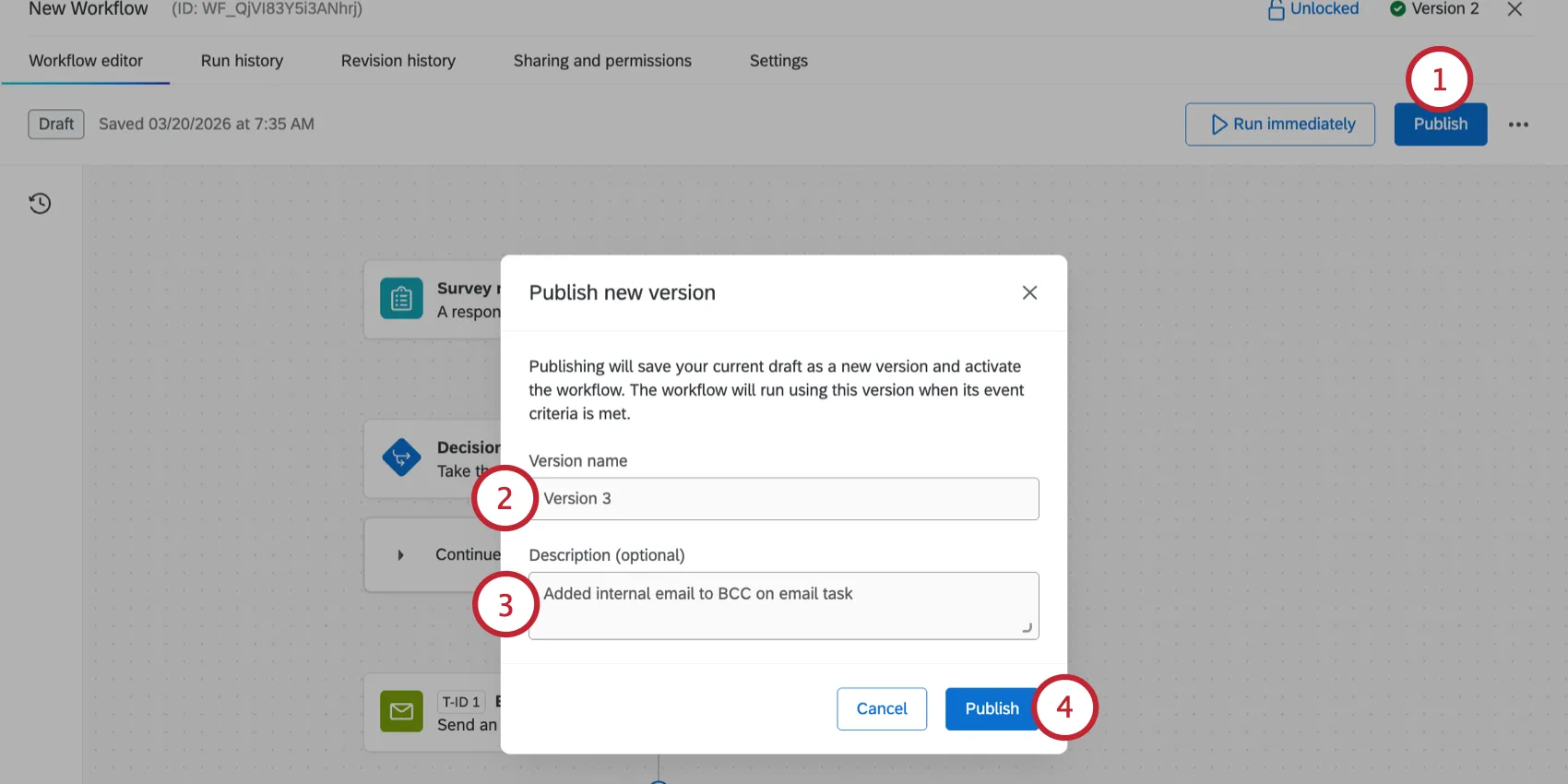 clicking publish to save a new workflow version
