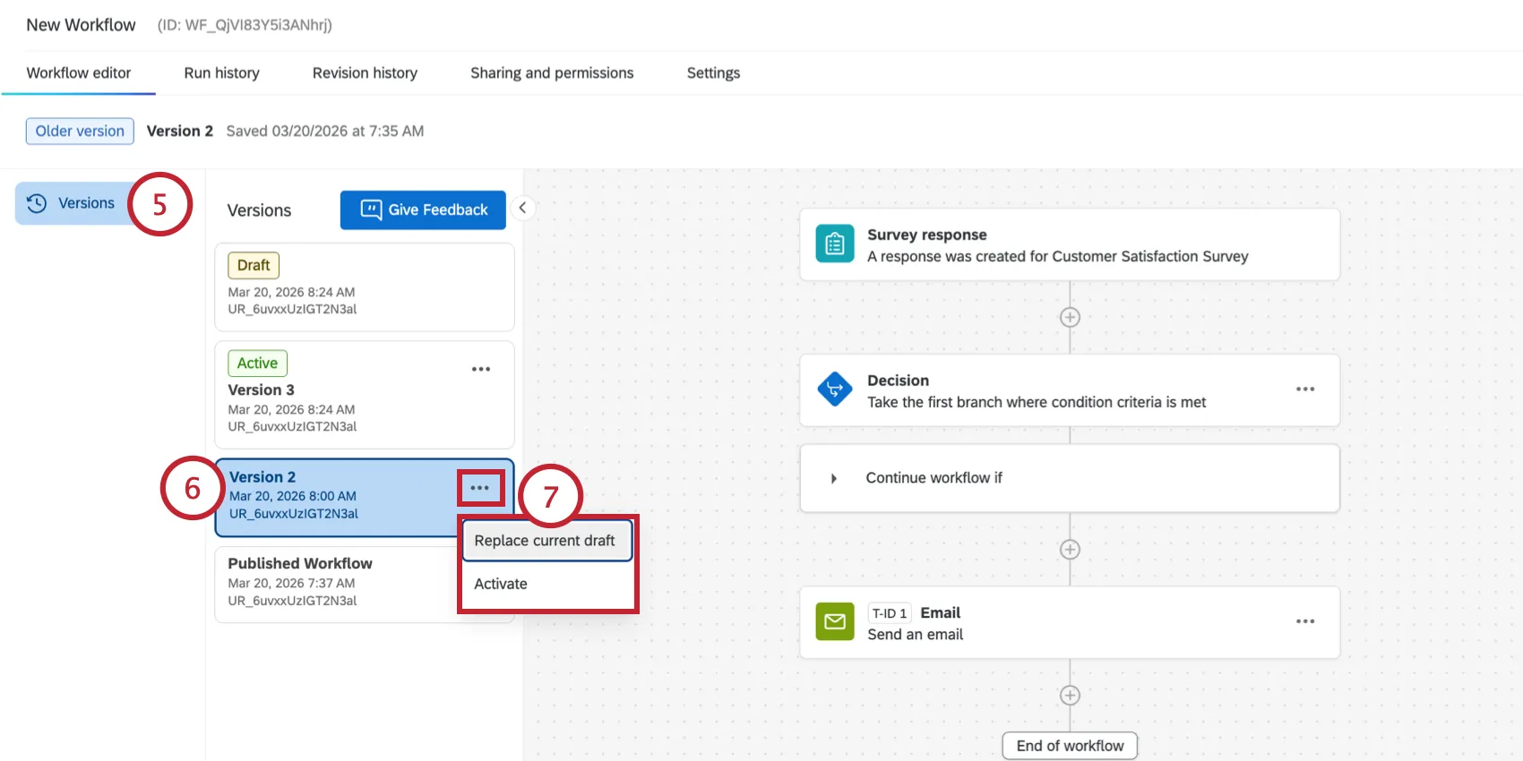 navigating to the versions toolbar on the lefthand side