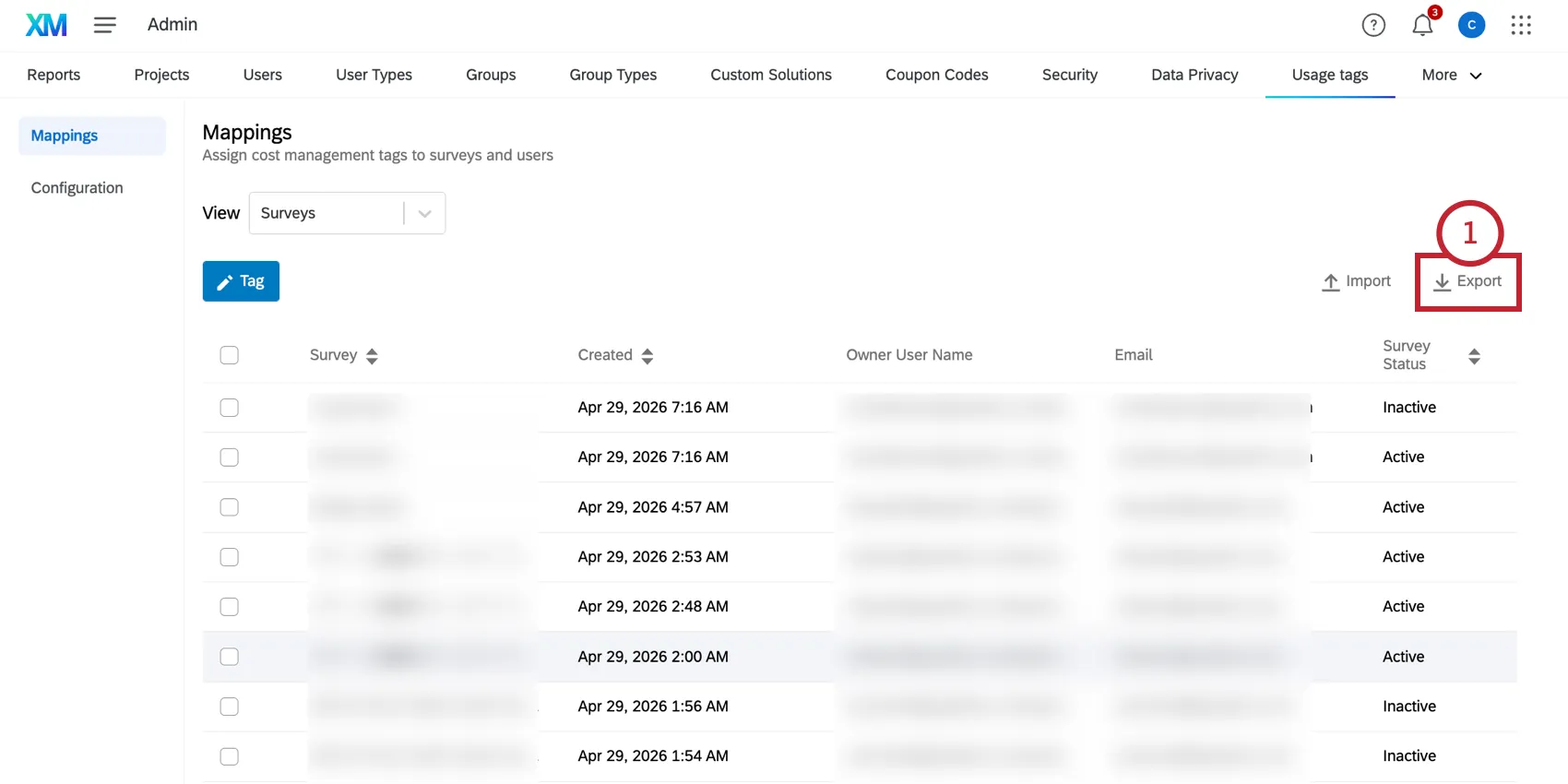 clicking export for usage tags