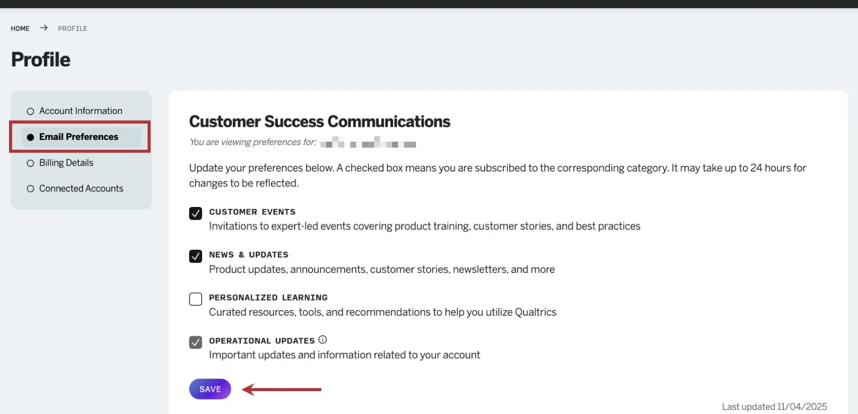 "Email Preferences" section highlighted within the customer hub
