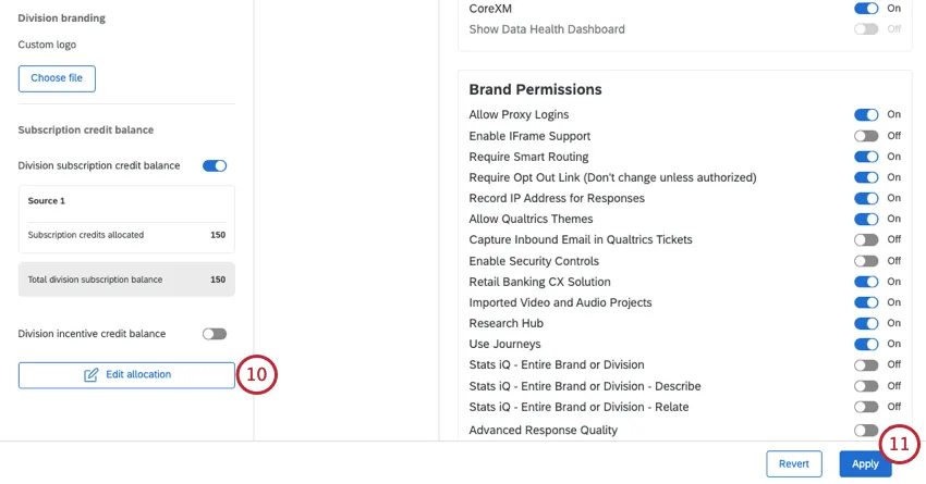 edit allocation button at bottom of credit allocations that've been saved. apply button in blue on bottom right of page