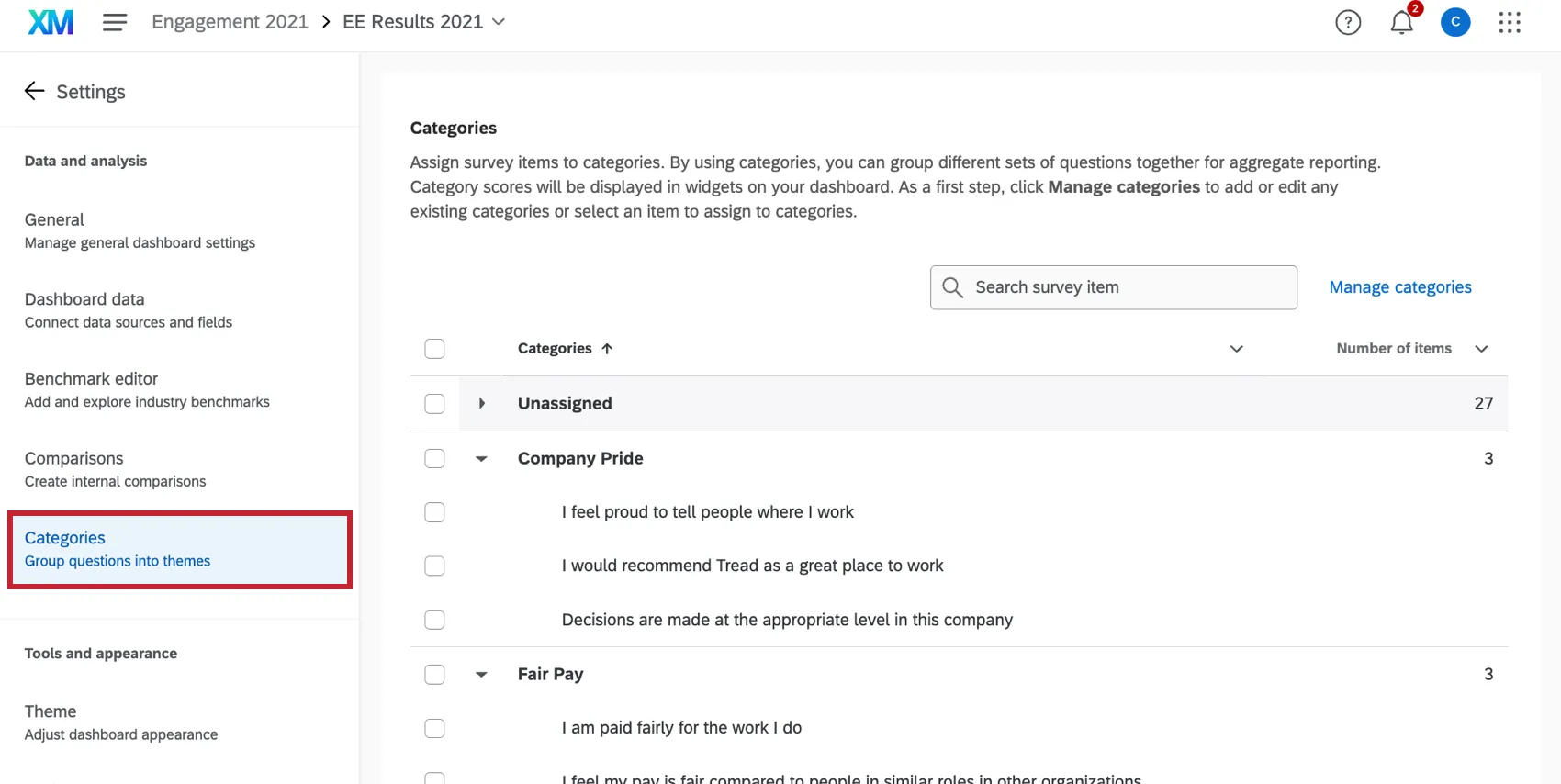 the categories tab in dashboard settings