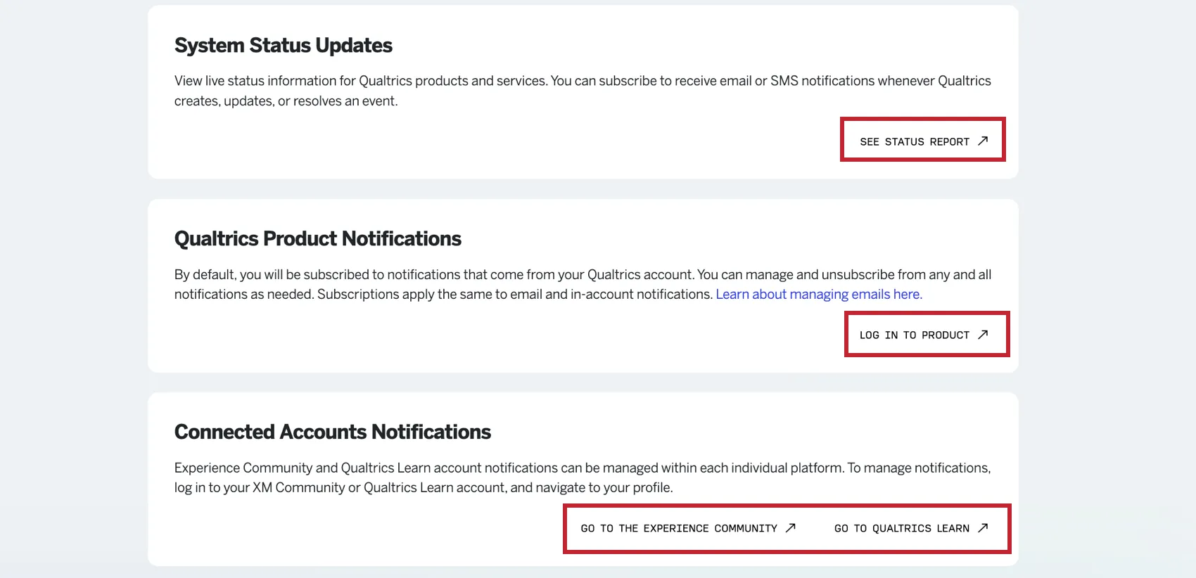 links to manage communications for other qualtrics systems