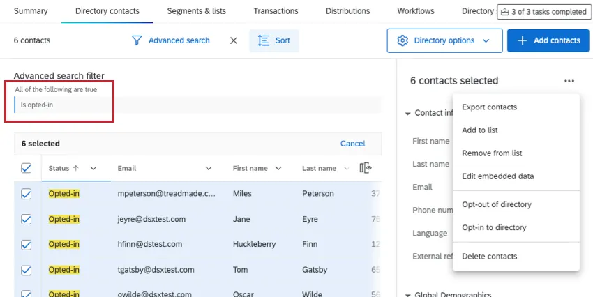 in the directory is a filter for is opted-in. Contacts are selected and the export menu is opened on the right