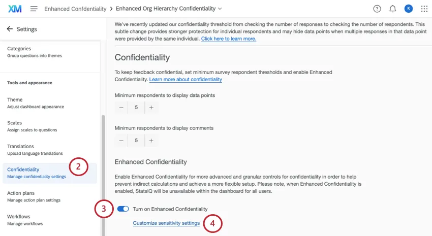 confidentiality tab inside an EX dashboard's settings
